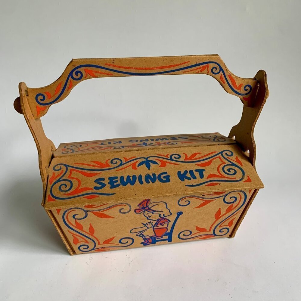 Vintage Pressed Cardboard Child's Toy Sewing Kit Box Handled